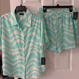 kate spade aqua & white wavy-striped short set